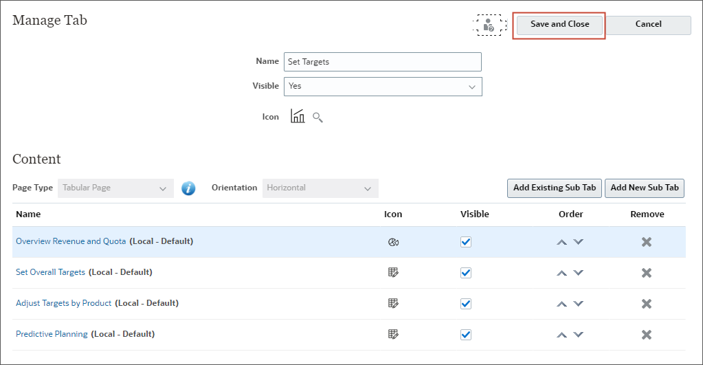 Review Set Target tab